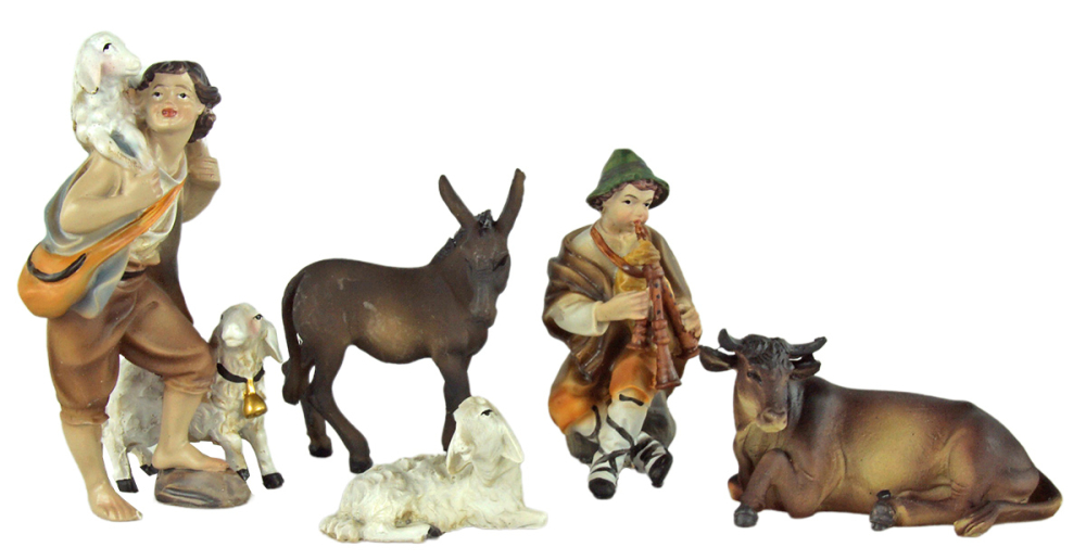 Stimmungsvolle, handgefertigte Weihnachtskrippe Gotthard aus Holz hell inkl. 12-tlg. handbemaltem Figurensatz K 001,    Maße Krippe: ca. 90 x 40 x 40 cm